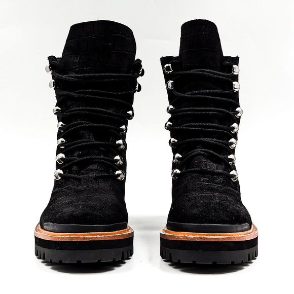 Marc Fisher Women Lizzie Black Croc Festival Combat Black Leather Boots sz 7.5 - Picture 2 of 12